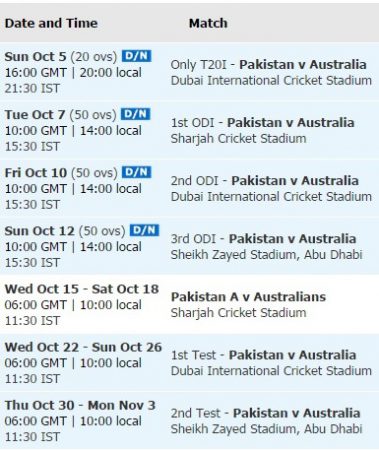 Pak vs Aus 2014 schedule