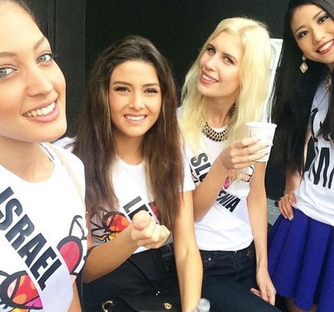 Miss Lebanon poses with Miss Israel at Miss Universe contest