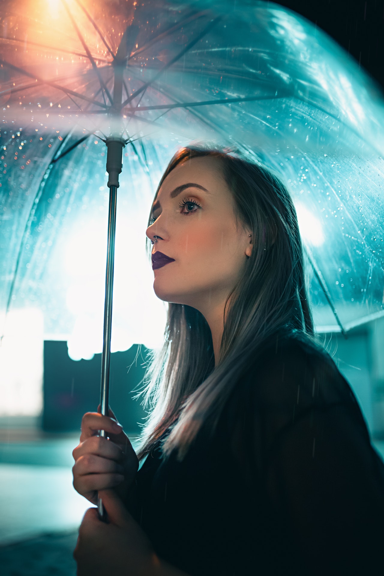 Photo by Thiago Schlemper: https://www.pexels.com/photo/young-woman-under-transparent-umbrella-on-street-7033246/