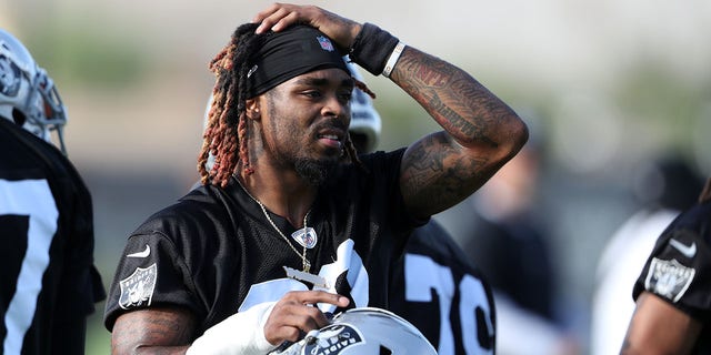 Damon Arnette #20 of the Las Vegas Raiders is shown during training camp at the Las Vegas Raiders Headquarters/Intermountain Healthcare Performance Center on July 28, 2021 in Henderson, Nevada.