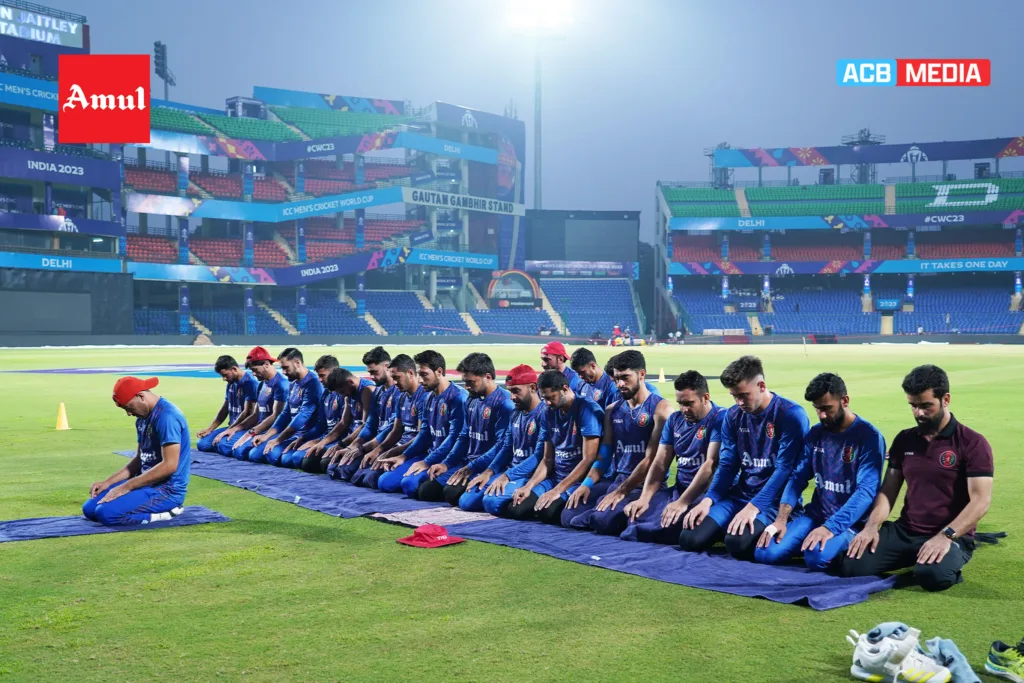 Afghanistan players offering namaz at the Delhi Cricket stadium