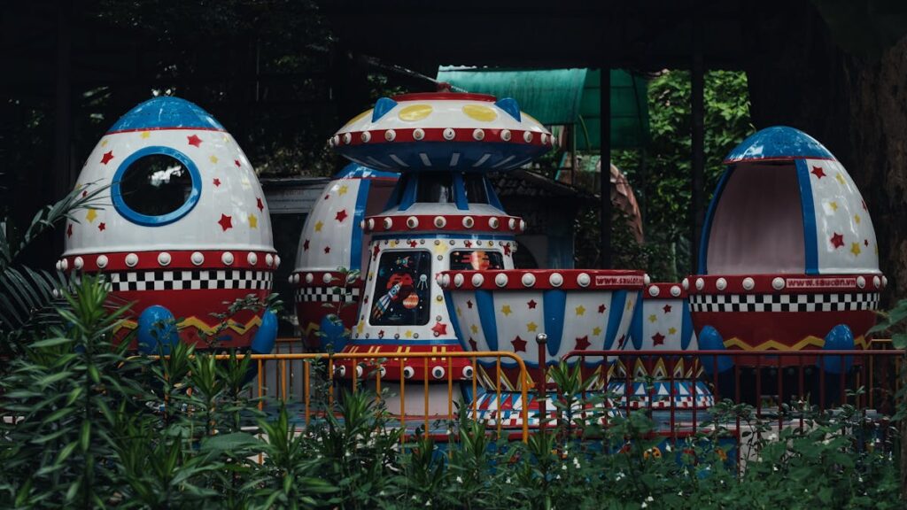 Space Themed Carousel Ride in Amusement Park