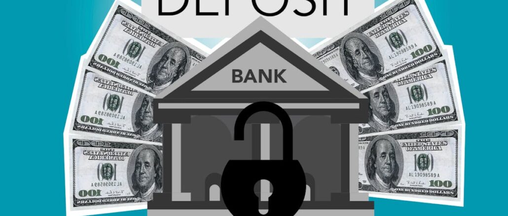 Decorative cardboard illustration of lock on bank with American paper money under Deposit inscription on blue background